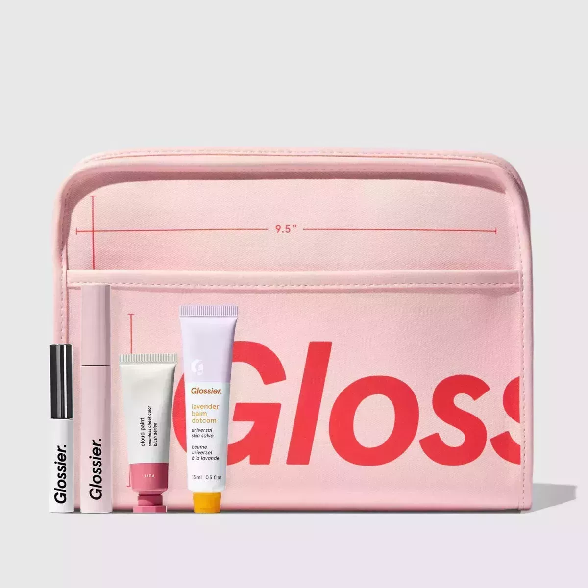 Glossier It’s All in the Bag Set on grey background