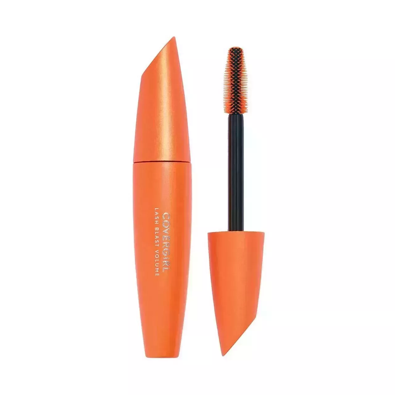 Covergirl Lash Blast Volume Mascara orange tube open with mascara wand on white background 