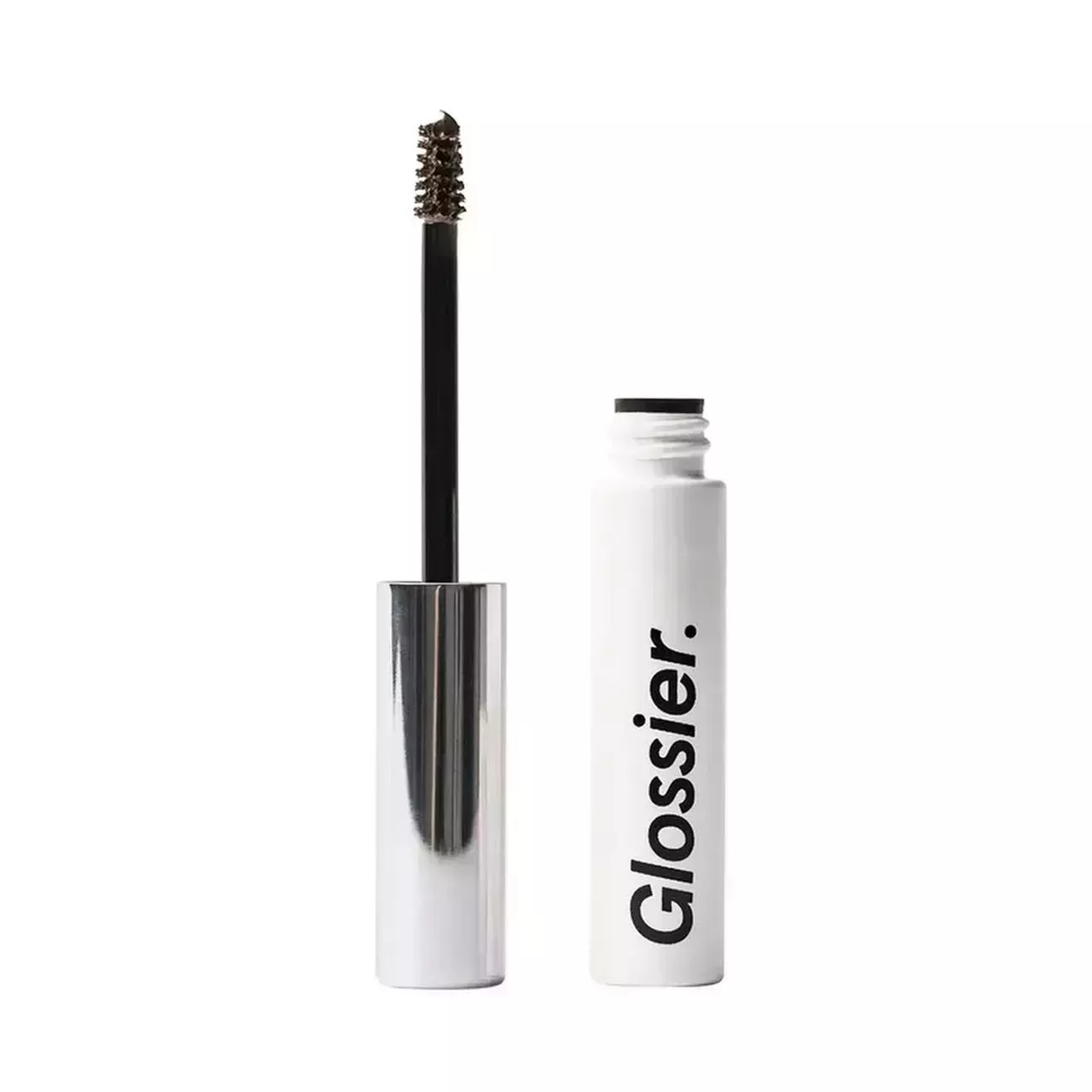 Tube of Glossier Boy Brow next to its little spoolie on a white background