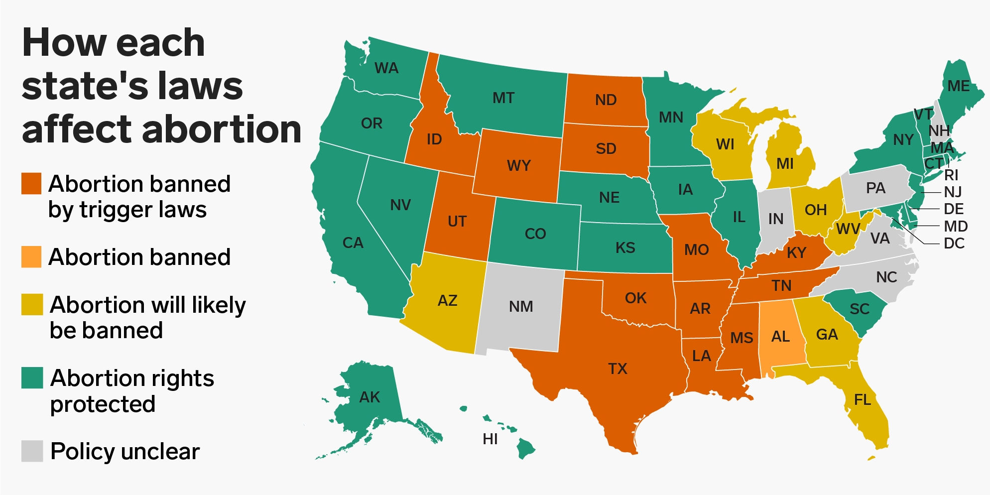 Este mapa muestra los lugares donde el aborto es ilegal, está protegido o está amenazado en los 50 estados de EE.UU.