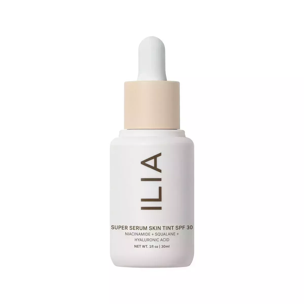 Ilia Super Serum Skin Tint SPF 40 white dropper bottle of skin tint on white background