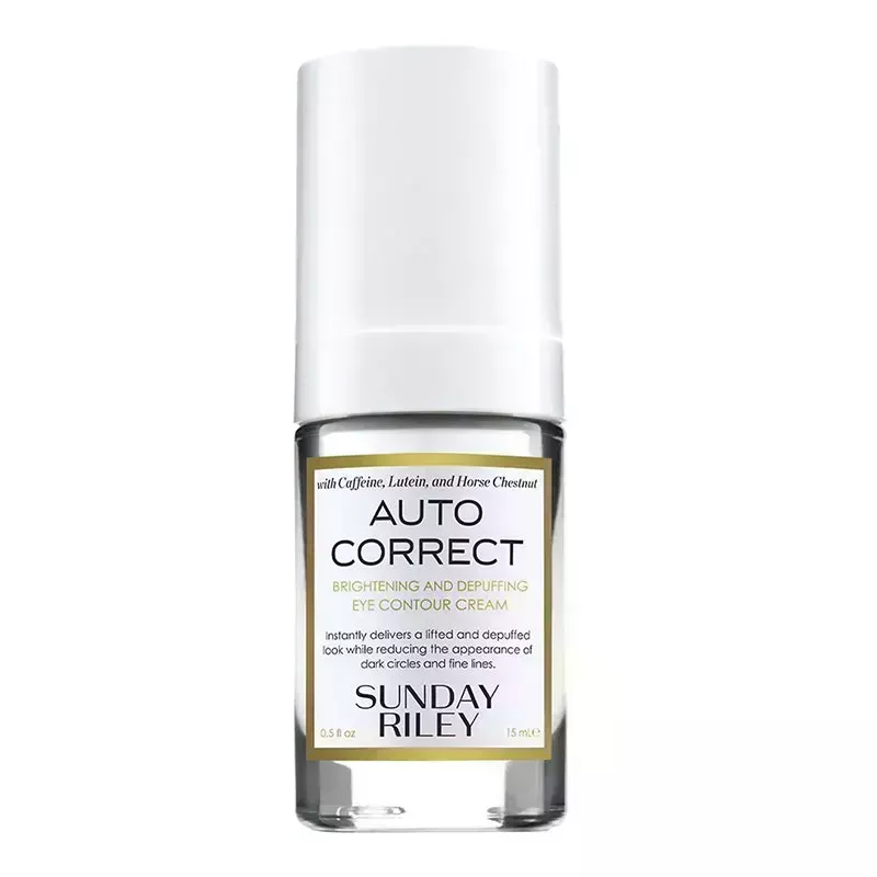 A clear pump bottle with white cap of the Sunday Riley Auto Correct Eye Cream on a white background