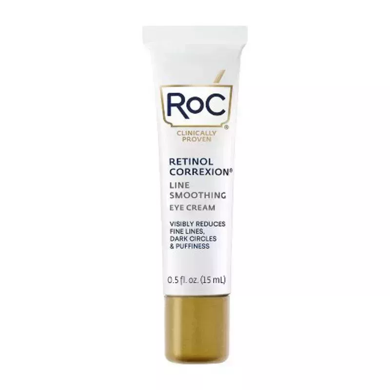 A white and gold tube of the RoC Retinol Correxion Eye Cream on a white background