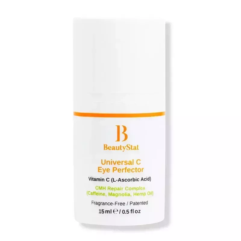 A white and orange bottle of the BeautyStat Universal C Eye Perfector on a blank background