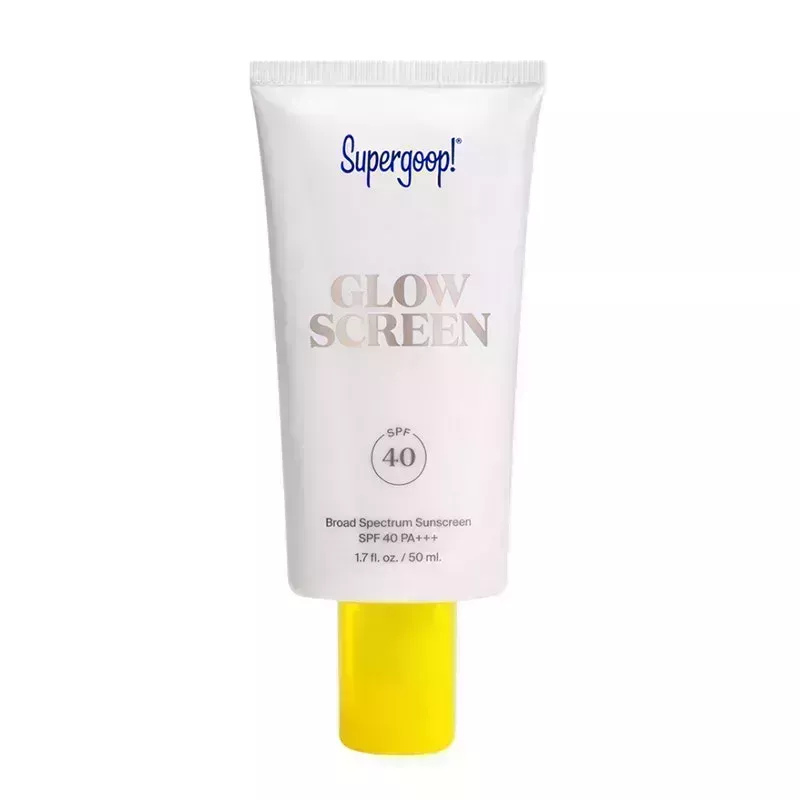 A white tube with yellow cap of the Supergoop! Glowscreen SPF 40 on a white background