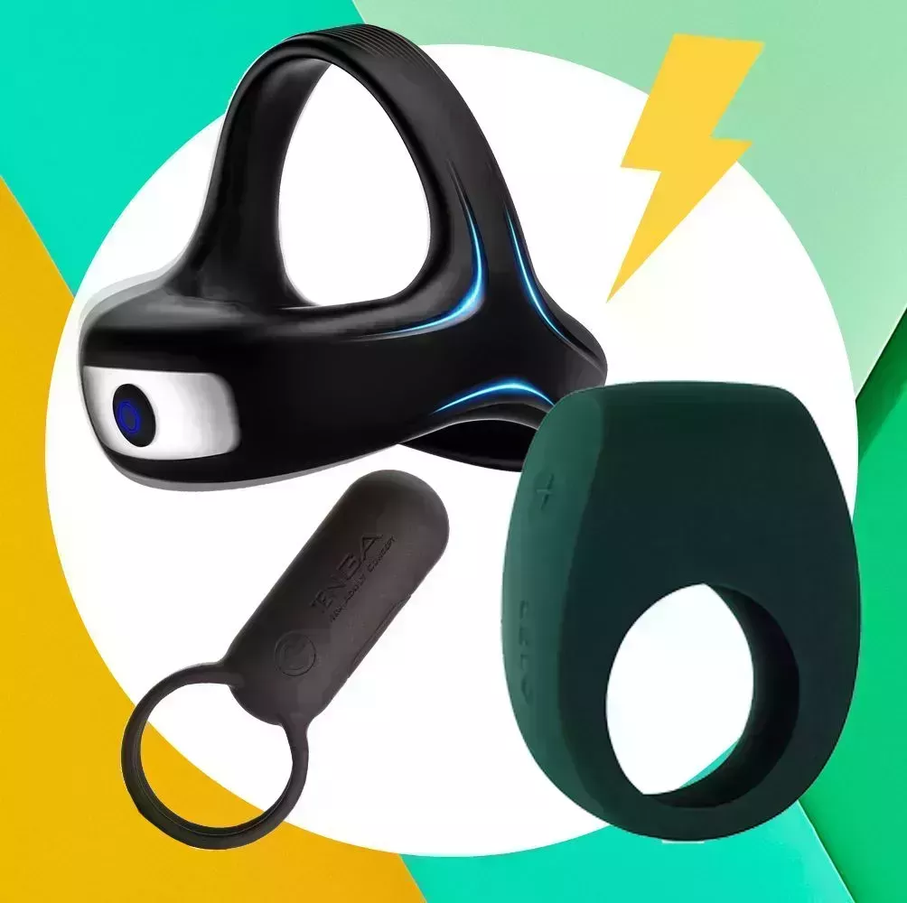 three vibrating cock rings, one lelo green one, one black triangle one, and one black bullet vibrating cock ring