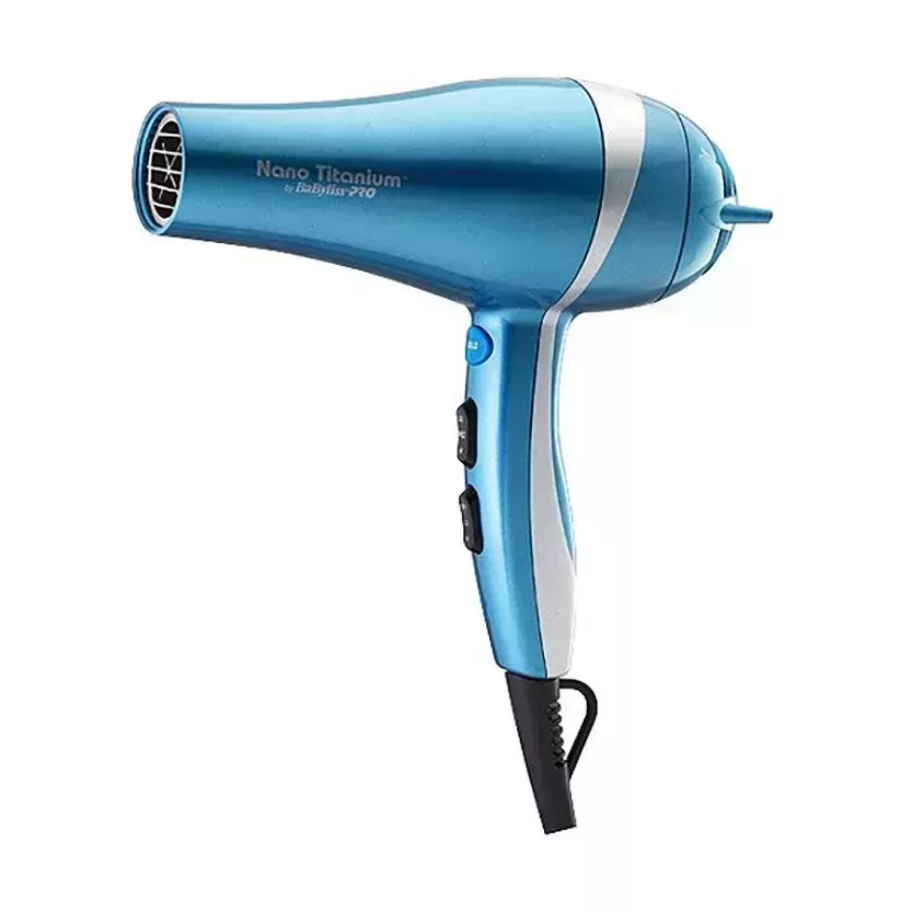 BaBylissPRO Nano Titanium Lightweight Ionic Hair Dryer blue blow dryer with white stripe on white background