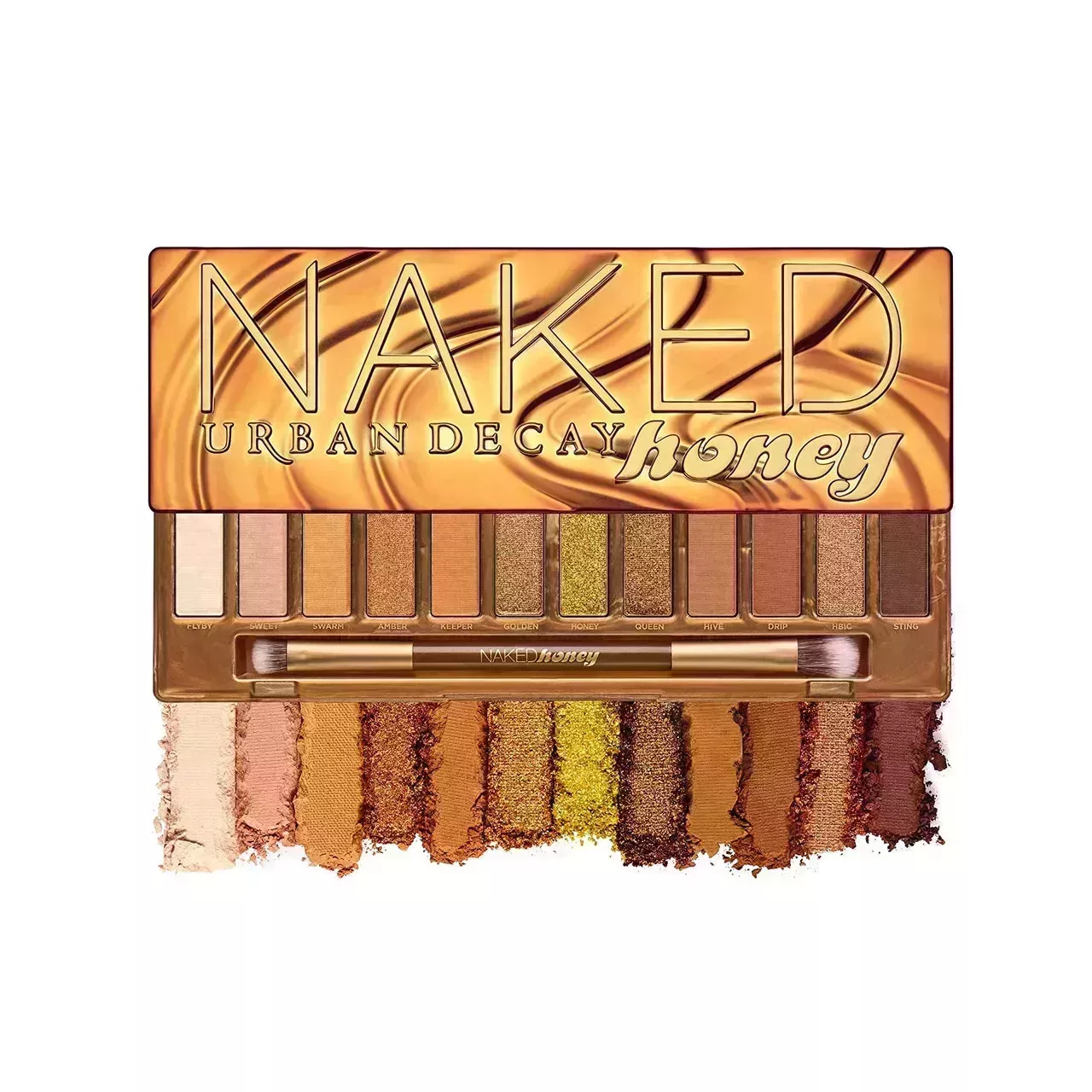 Urban Decay Naked Honey Eyeshadow Palette ten neutral, brown, and gold eyeshadows in bronze gold palette on white background