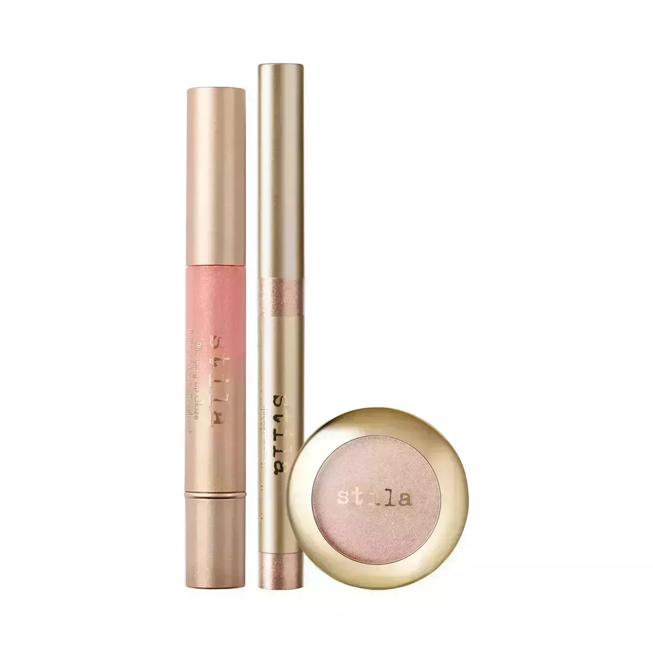 Stila Cherished Kitten Eye, Lip & Cheek Set three gold and pink champagne products on white background