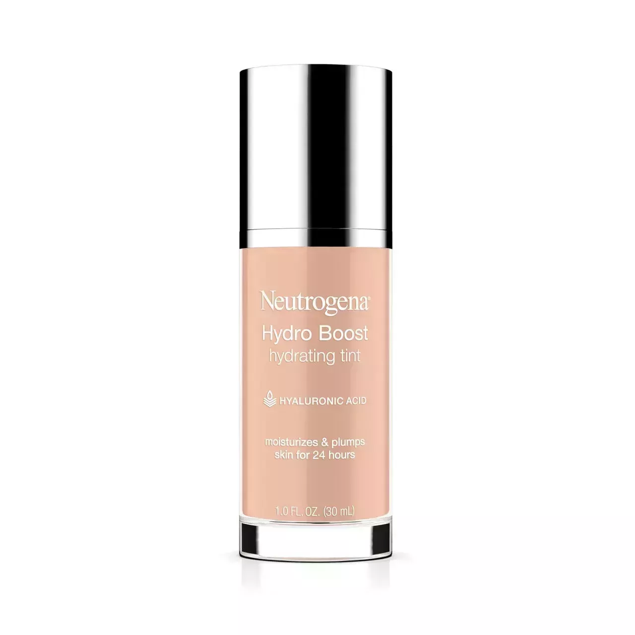 Neutrogena Hydro Boost Hydrating Tint transparent bottle of foundation with silver chrome cap on white background