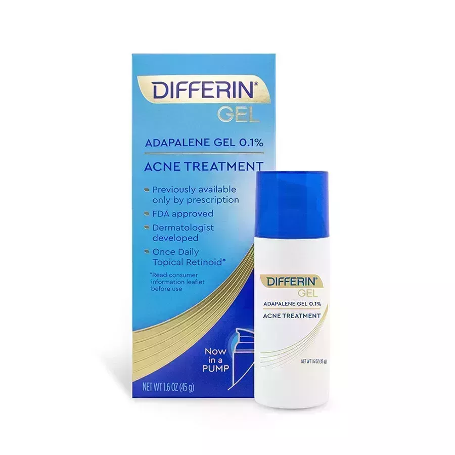 Differin Gel Acne Treatment white bottle with blue cap and shades of blue and gold box on white background