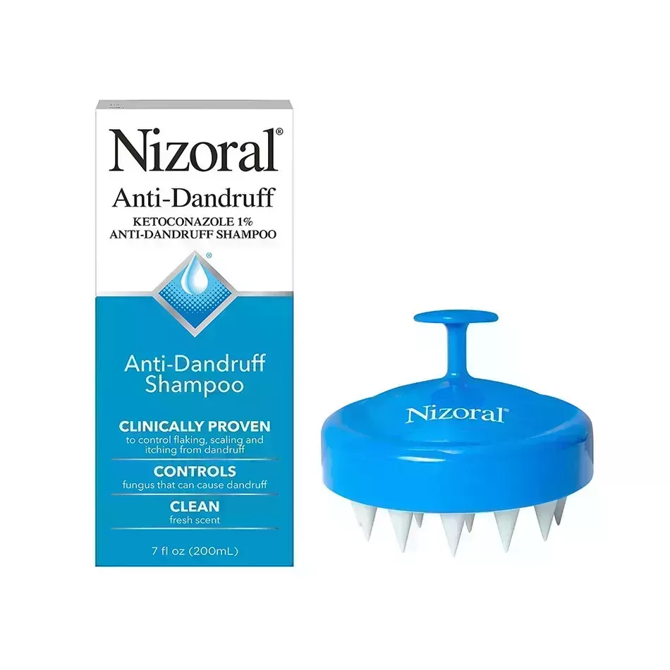 Nizoral Anti-Dandruff Shampoo and Scalp Massager Brush Bundle blue and white scalp massager and box of shampoo on white background