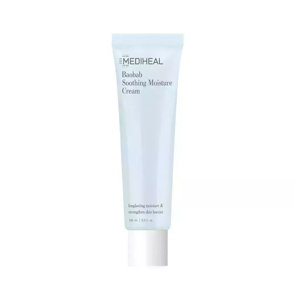 A light blue tube of Mediheal Baobab Soothing Moisture Cream on a white background