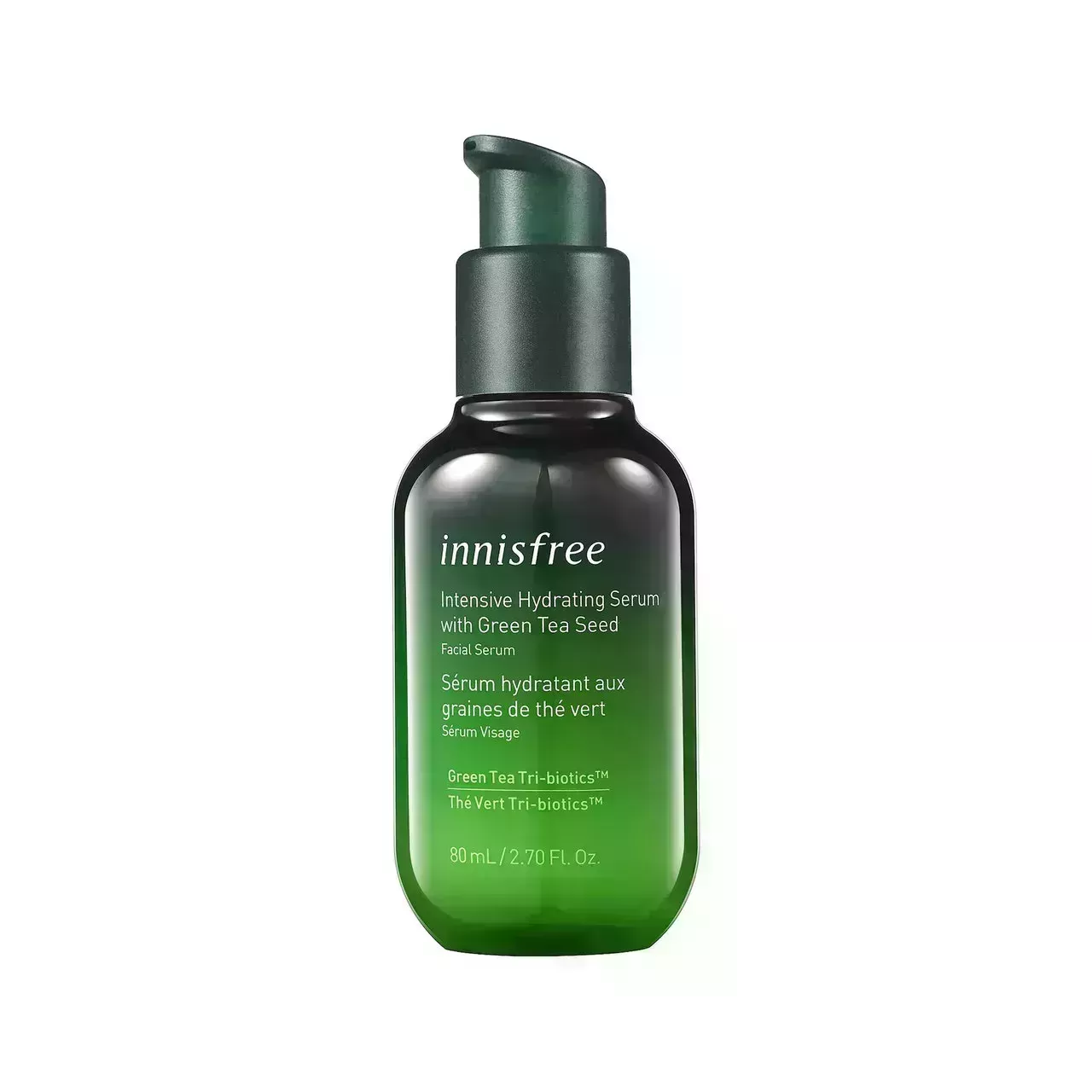 Innisfree Intensive Hydrating Serum with Green Tea Seed green bottle with pump cap on white background