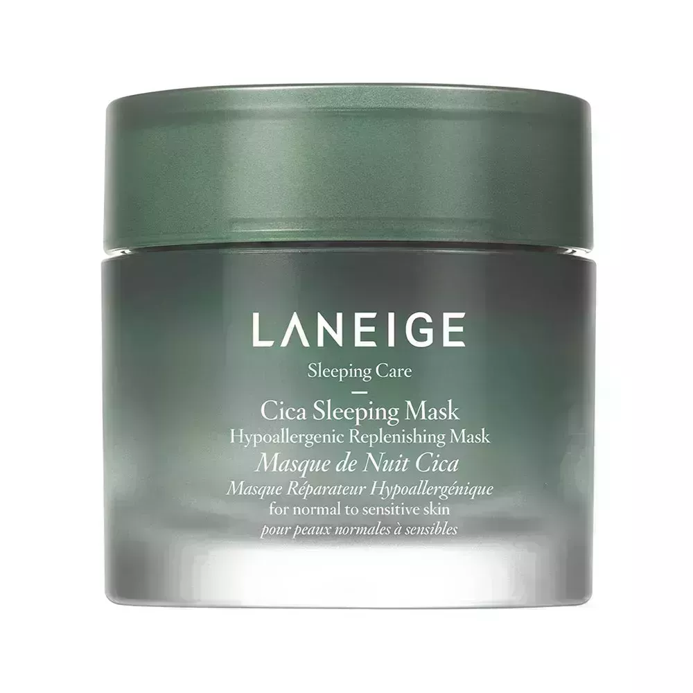 A green tube of Laneige Cica Sleeping Mask on white background