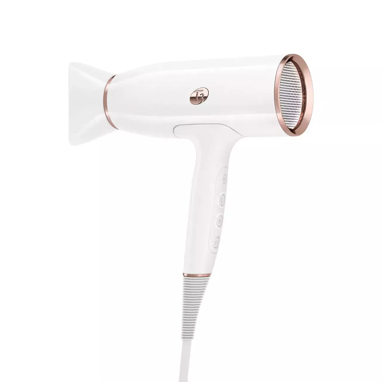 A white T3 AireLuxe Dryer with rose-gold detailing on white background
