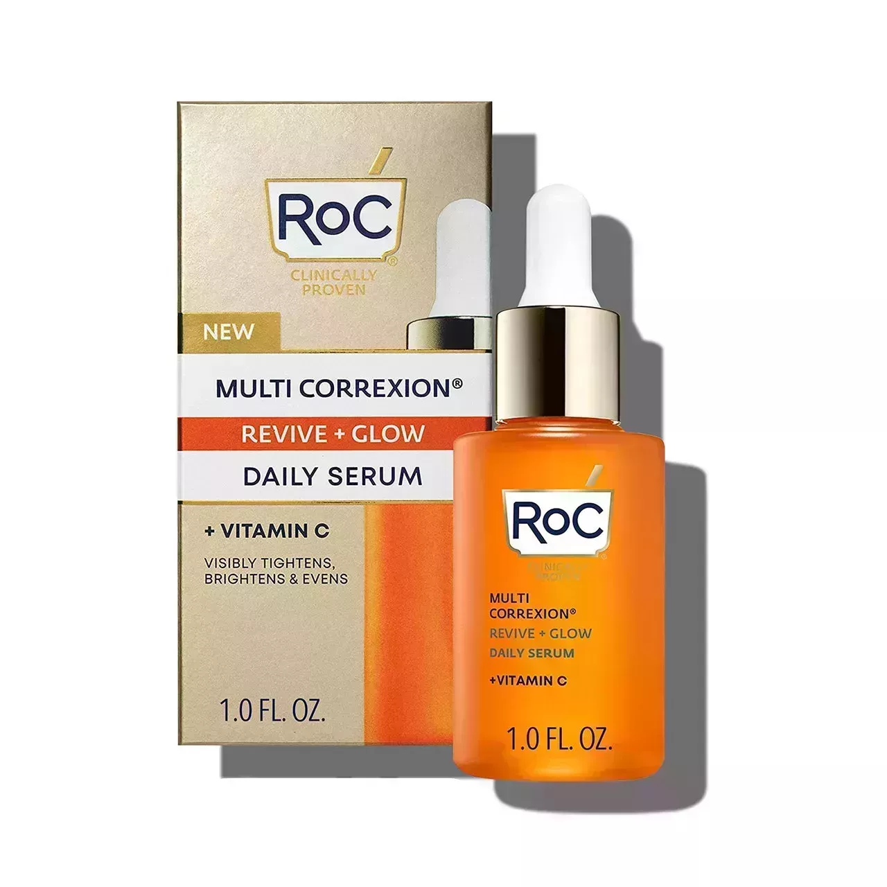 RoC Multi Correxion Revive + Glow Vitamin C Serum orange serum bottle with gold and white dropper cap and gold box on white background