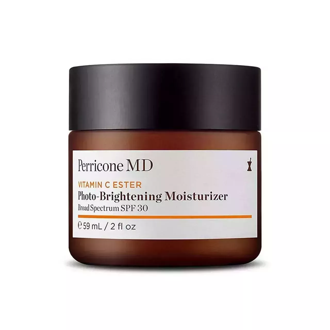 Perricone MD Vitamin C Ester Photo Brightening Moisturizer Broad Spectrum SPF 30 brown jar with white label and black lid on white background