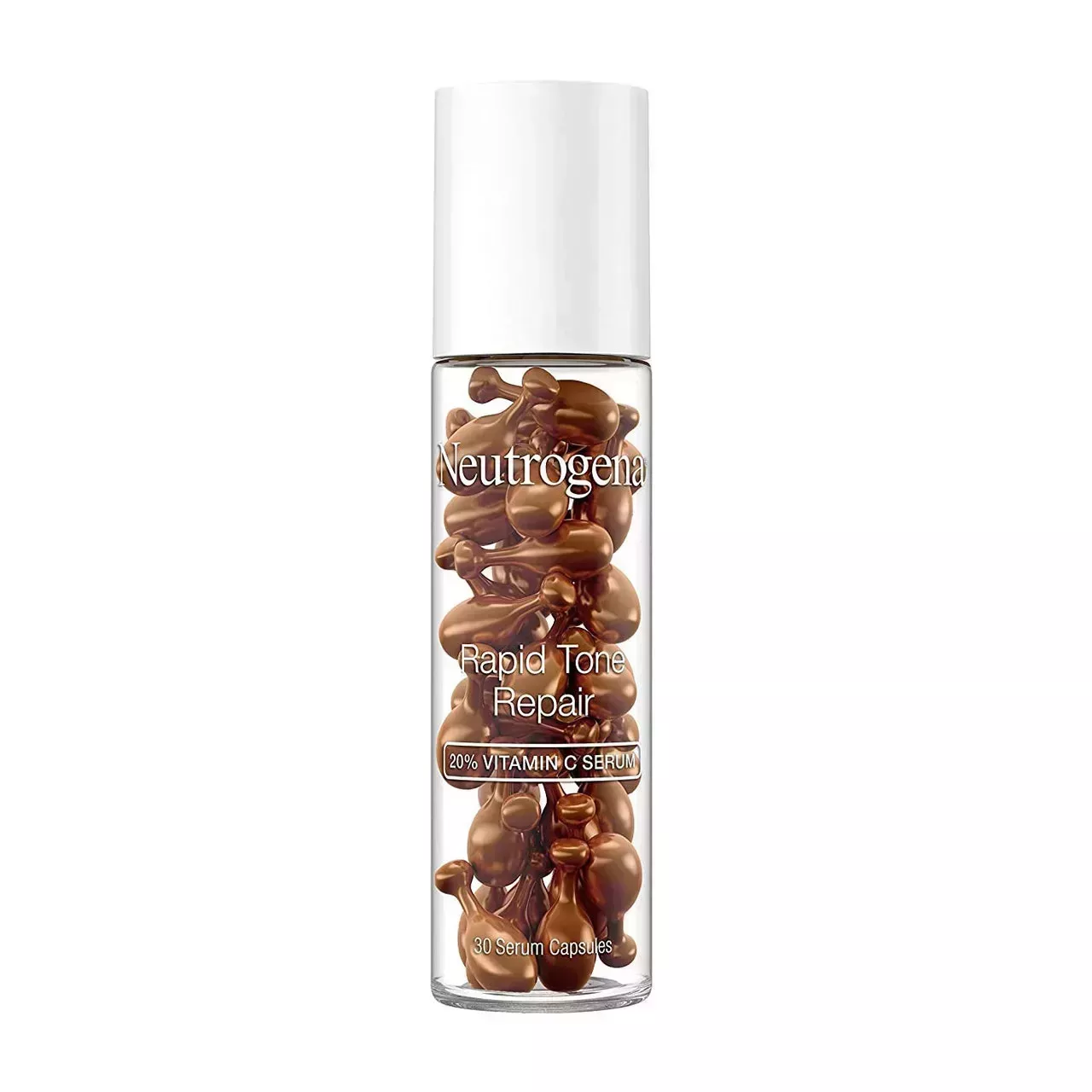 Neutrogena Rapid Tone Repair 20% Vitamin C Brightening Serum Capsules tall transparent jar of bronze capsules with white lid on white background