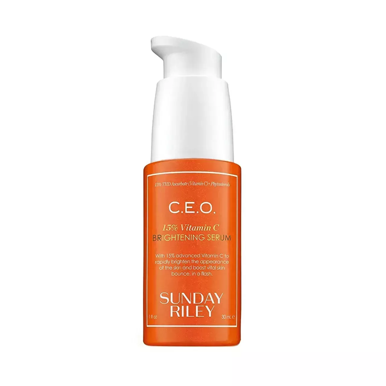 Sunday Riley C.E.O. 15% Vitamin C Brightening Serum orange serum bottle with white pump cap on white background