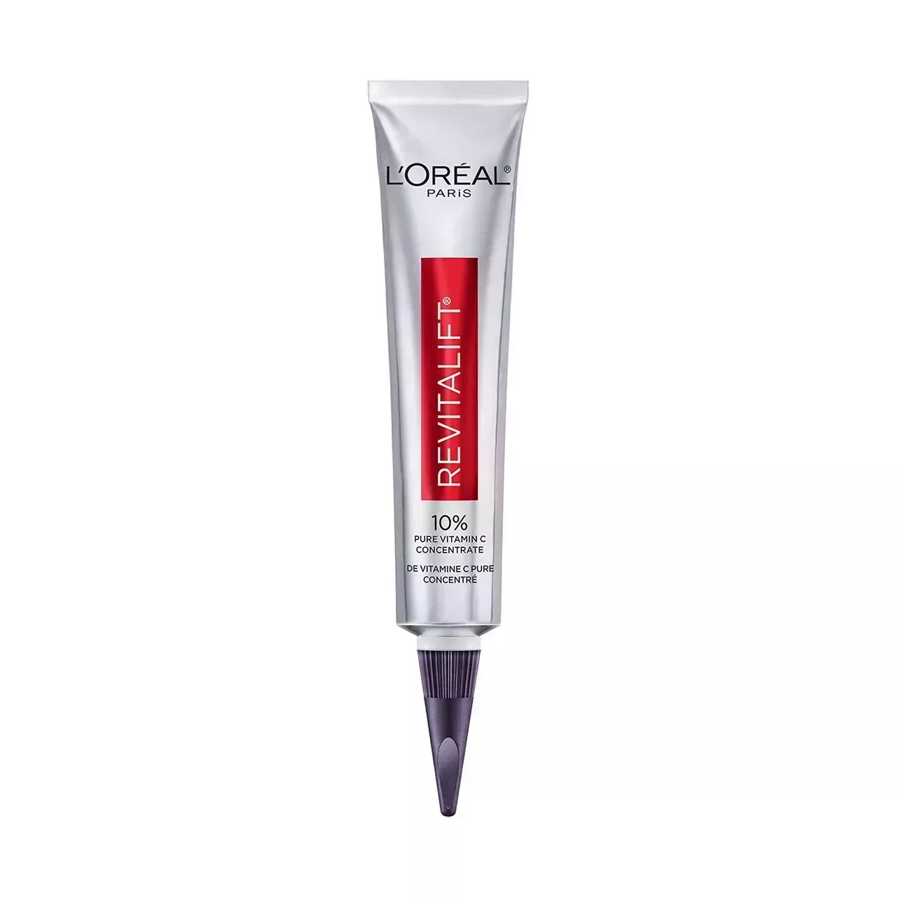 L'Oréal Paris Skincare 10% Pure Vitamin C Serum silver tube with dark purple pointed cap on white background