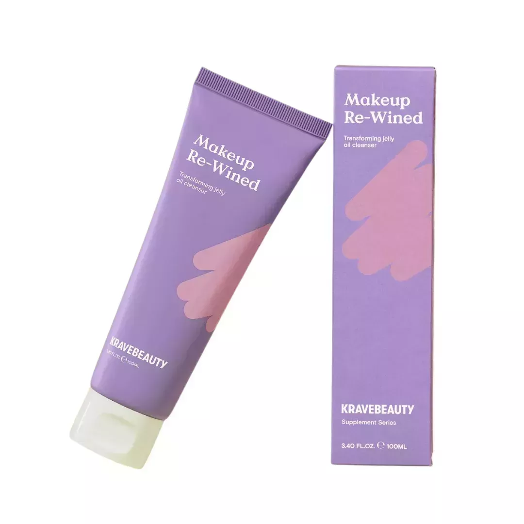 purple tube of krave beauty makeup rewined with matching box on white background