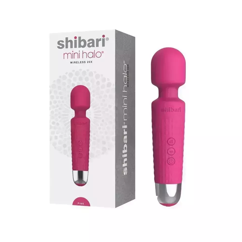Shibari Mini Halo Plus fuchsia vibrator with box on white background