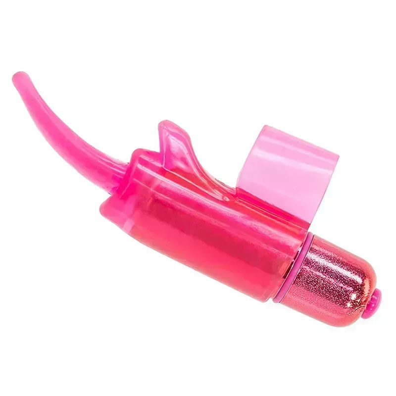 A pink Pure Love Vibrating Tongue-Shaped Finger Sleeve clitoral vibrator on a white background