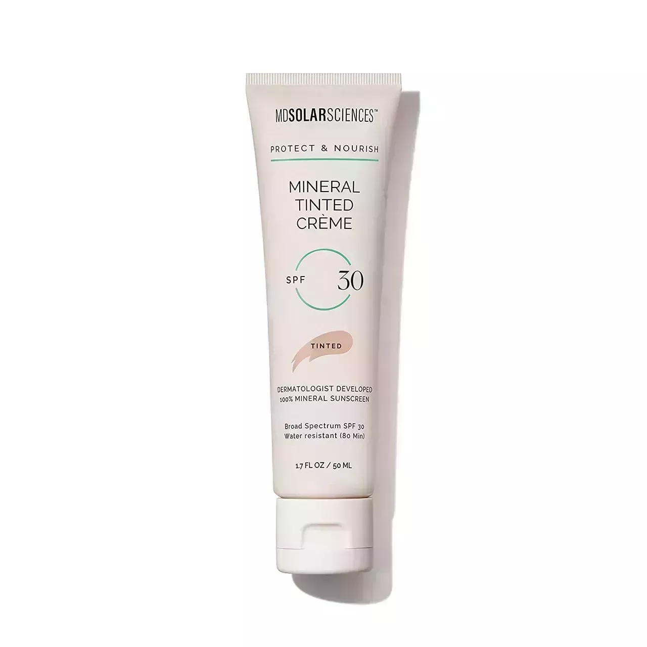 Cream colored tube of MDSolarSciences Tinted Creme SPF 30 on white background
