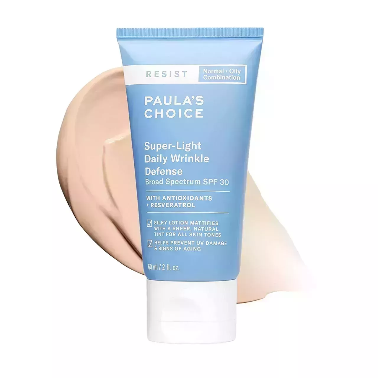 A blue tube of Paula's Choice Resist Super-Light Daily Wrinkle Defense SPF 30 and a swatch on white background