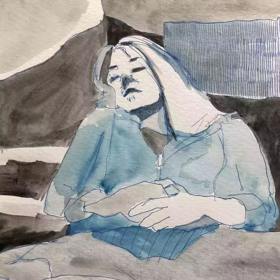 side by side of alex belth and wife emily and a self portrait watercolor painting of emily in hospital bed