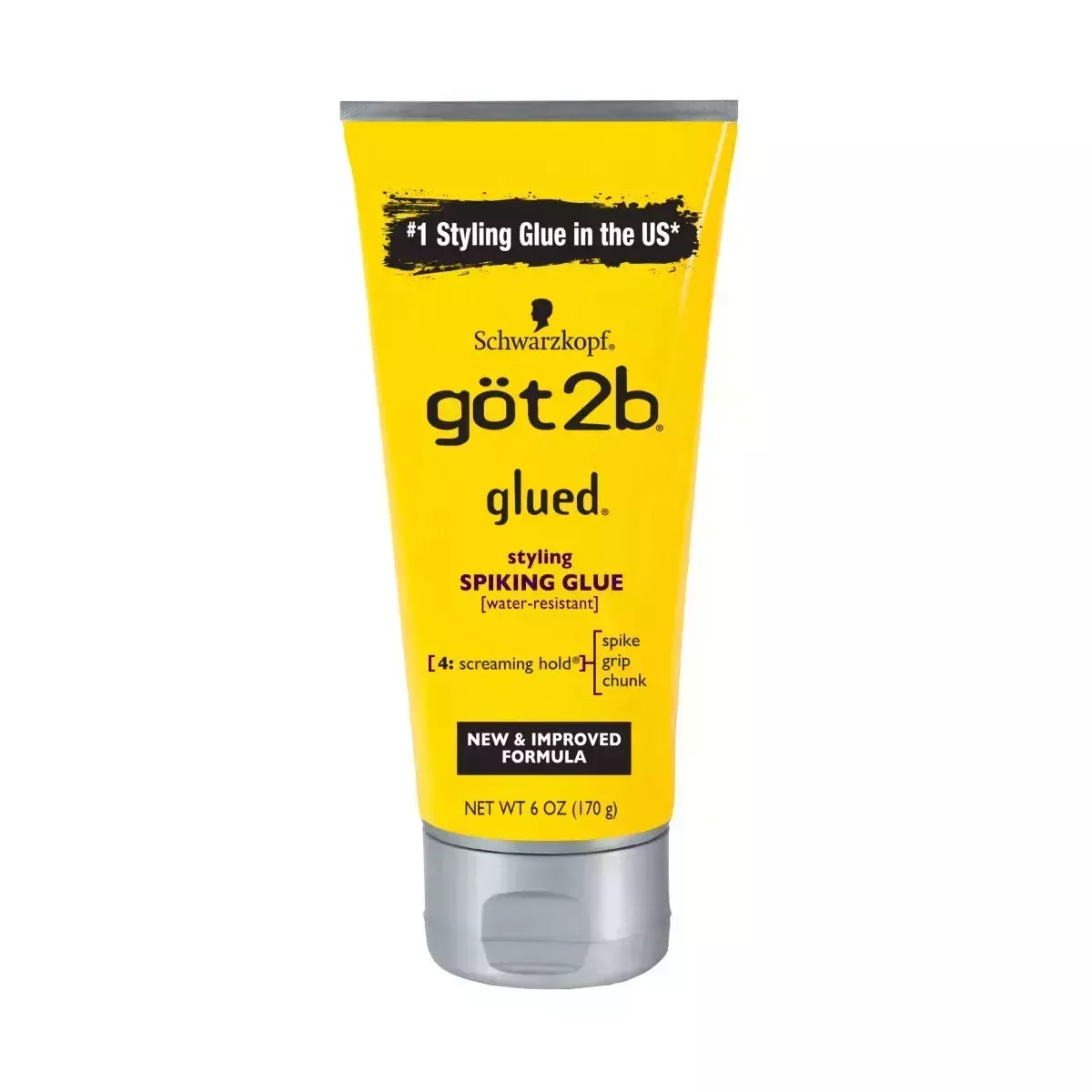 A yellow tube of styling gel with a silver cap and black lettering on a white background