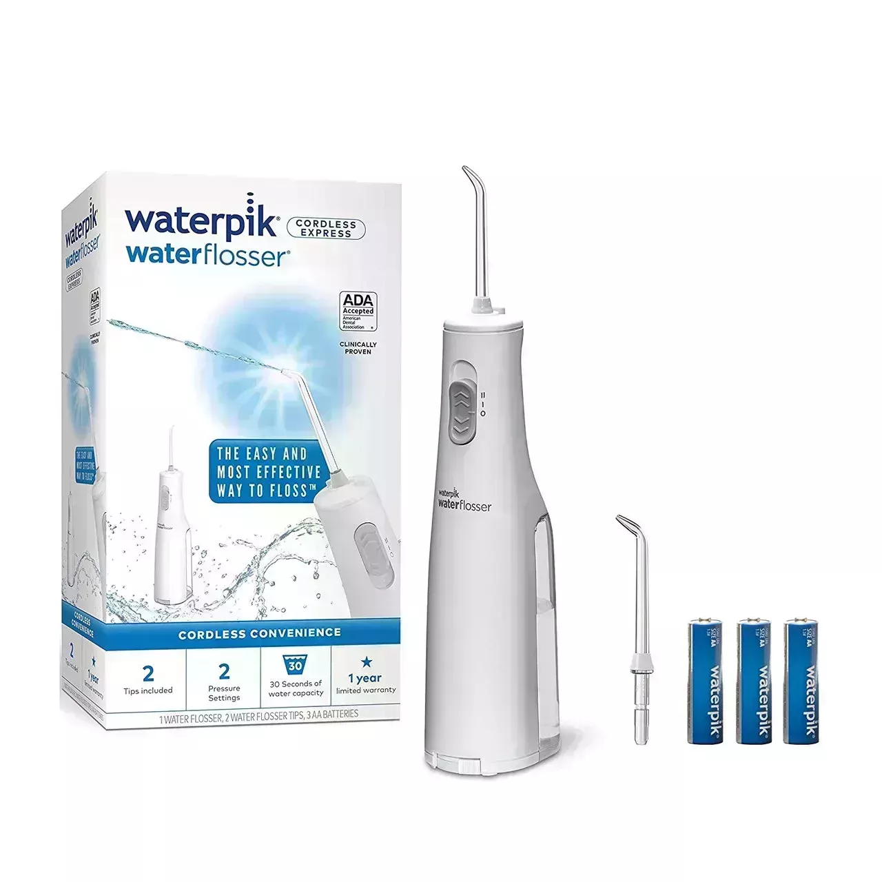 Waterpik Cordless Water Flosser kit on white background