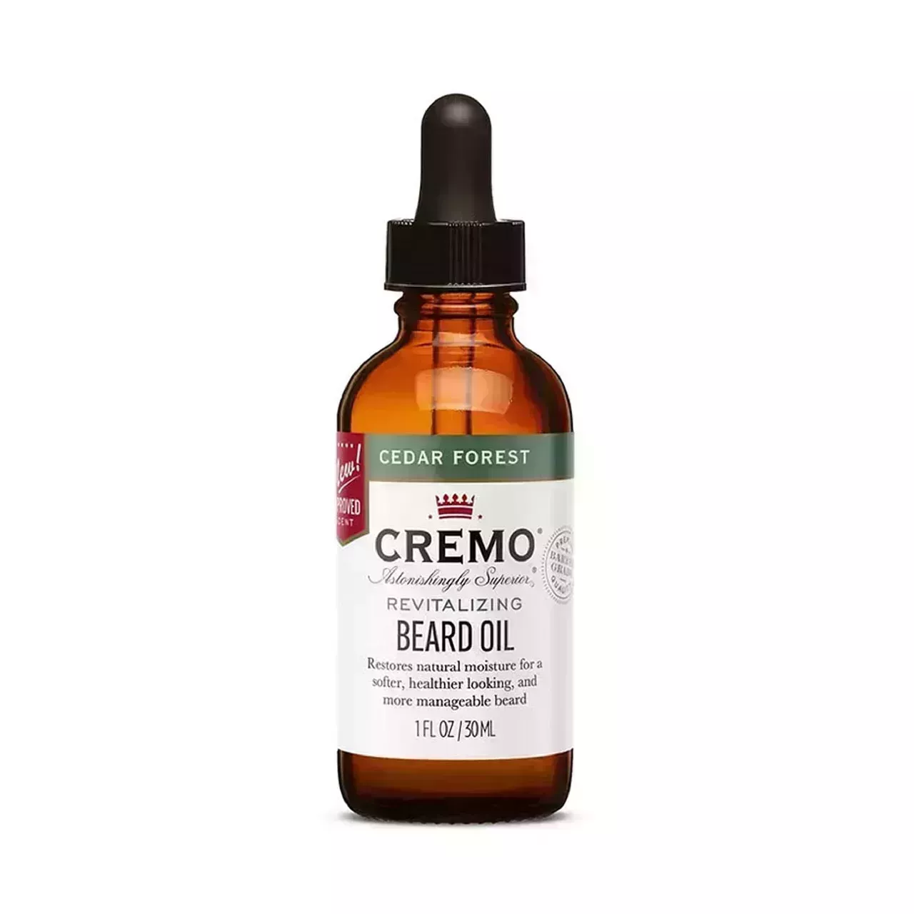 Cremo Beard Oil brown serum bottle with white label and black dropper cap on white background