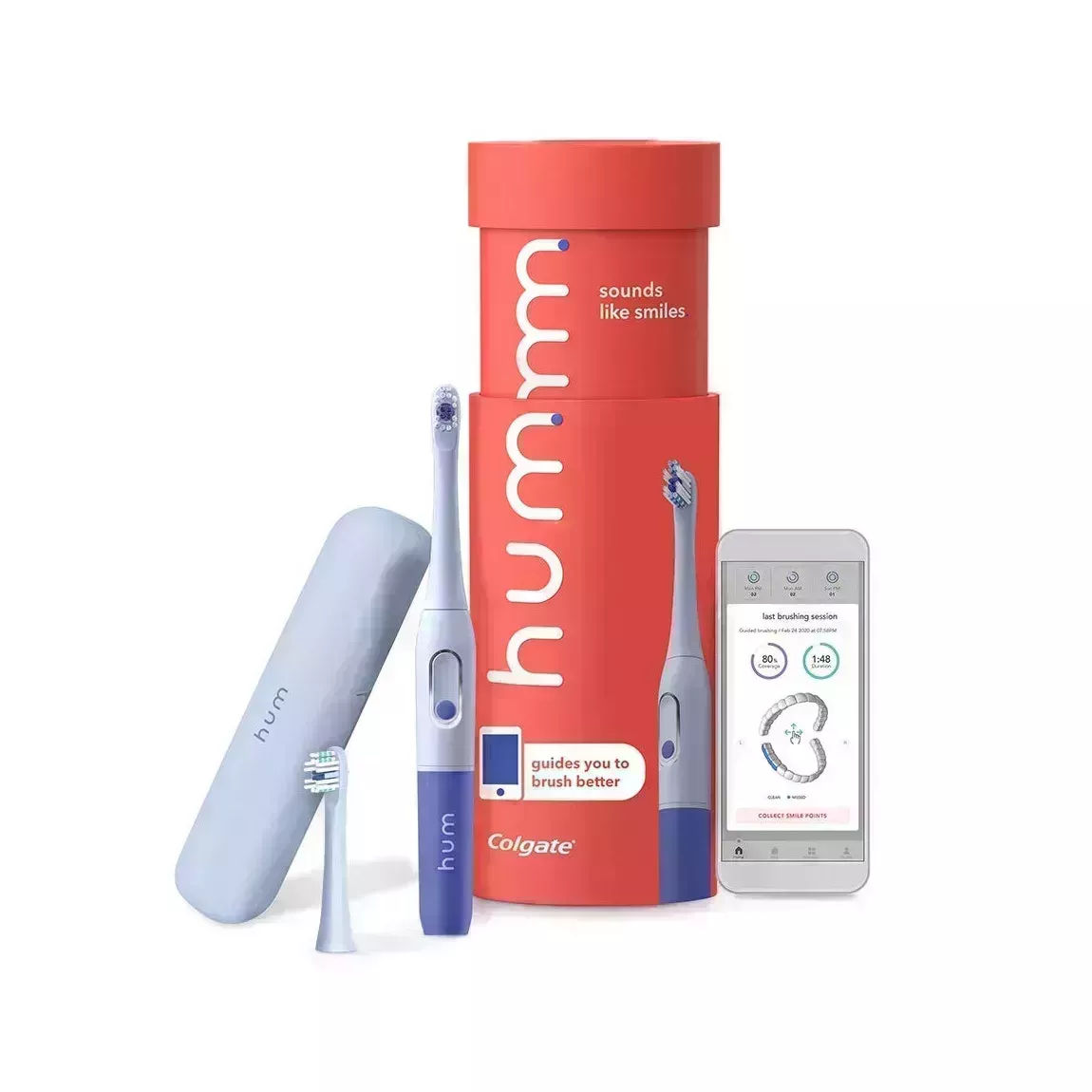 Hum by Colgate Rechargeable Electric Toothbrush Starter Kit blue electric toothbrush with red tube case and iPhone app on white background