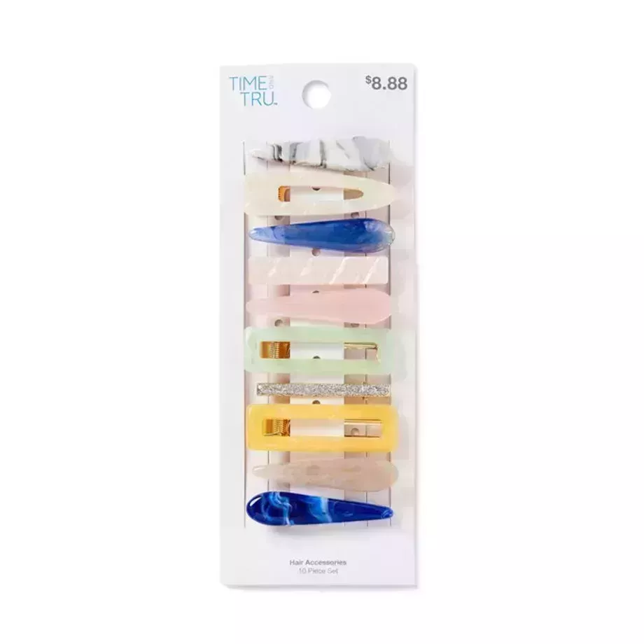 Time and Tru Multi Hair Clips set of yellow, pearl, blue, pink, and marble hair clips on white background