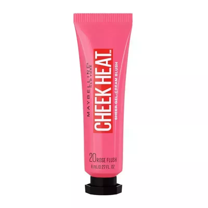 A pink tube of the Maybelline New York Cheek Heat Gel-Cream Blush on a white background