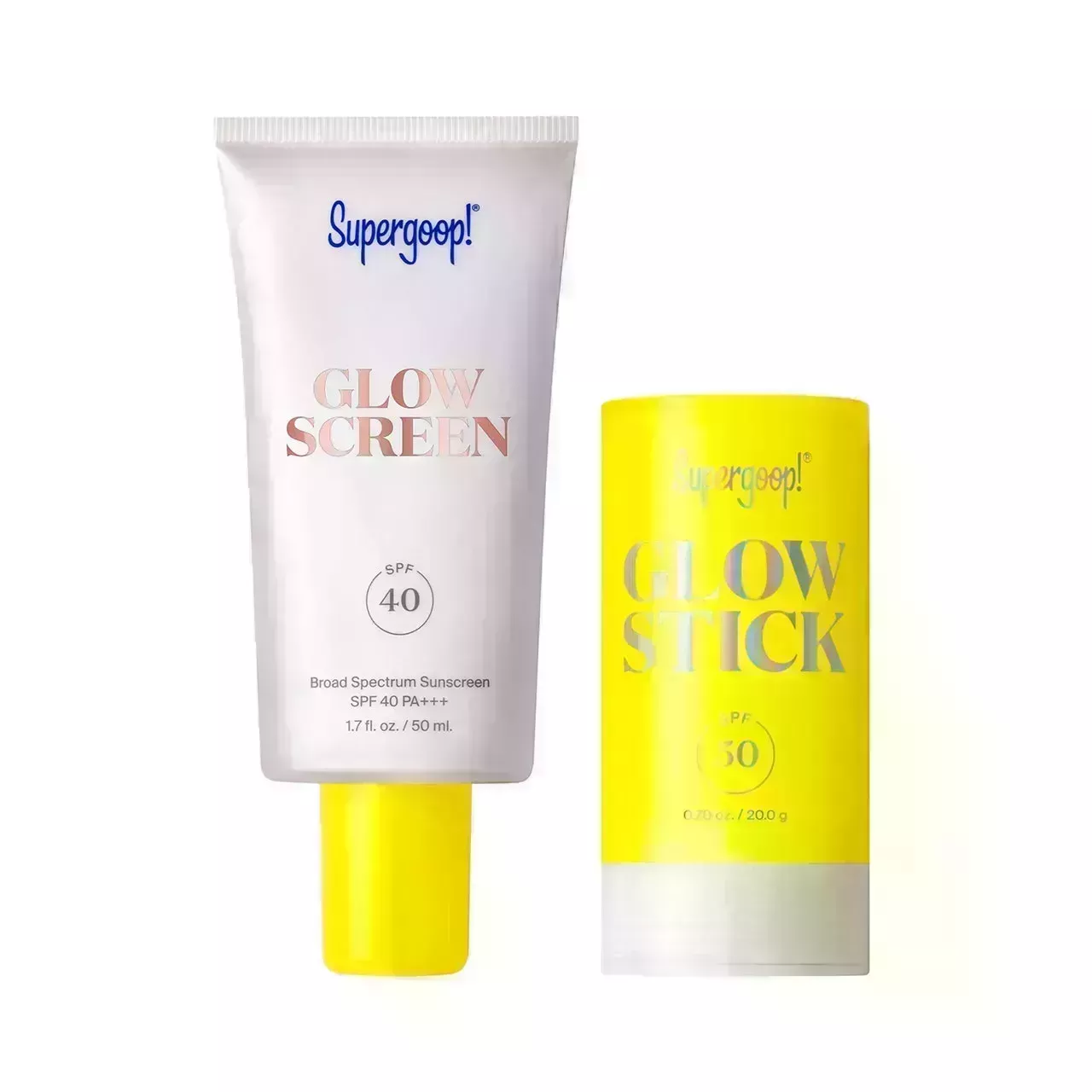 Supergoop Glow Duo white tube with yellow cap and yellow twist-up stick on white background
