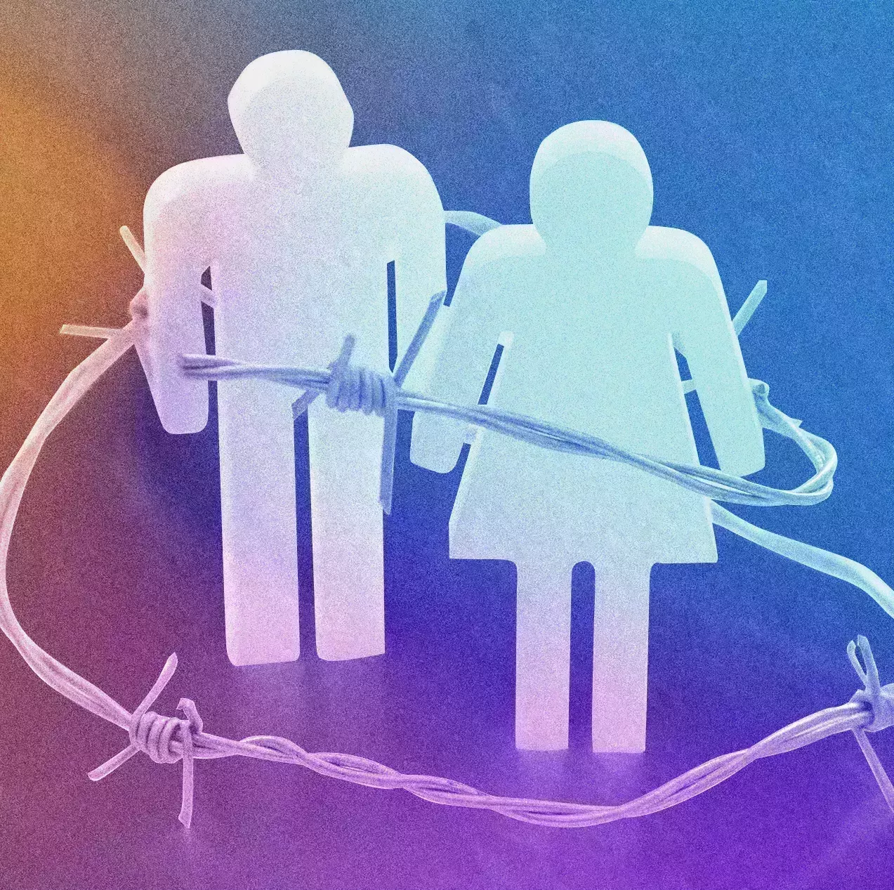 man and woman figure surrounded by barbed wire