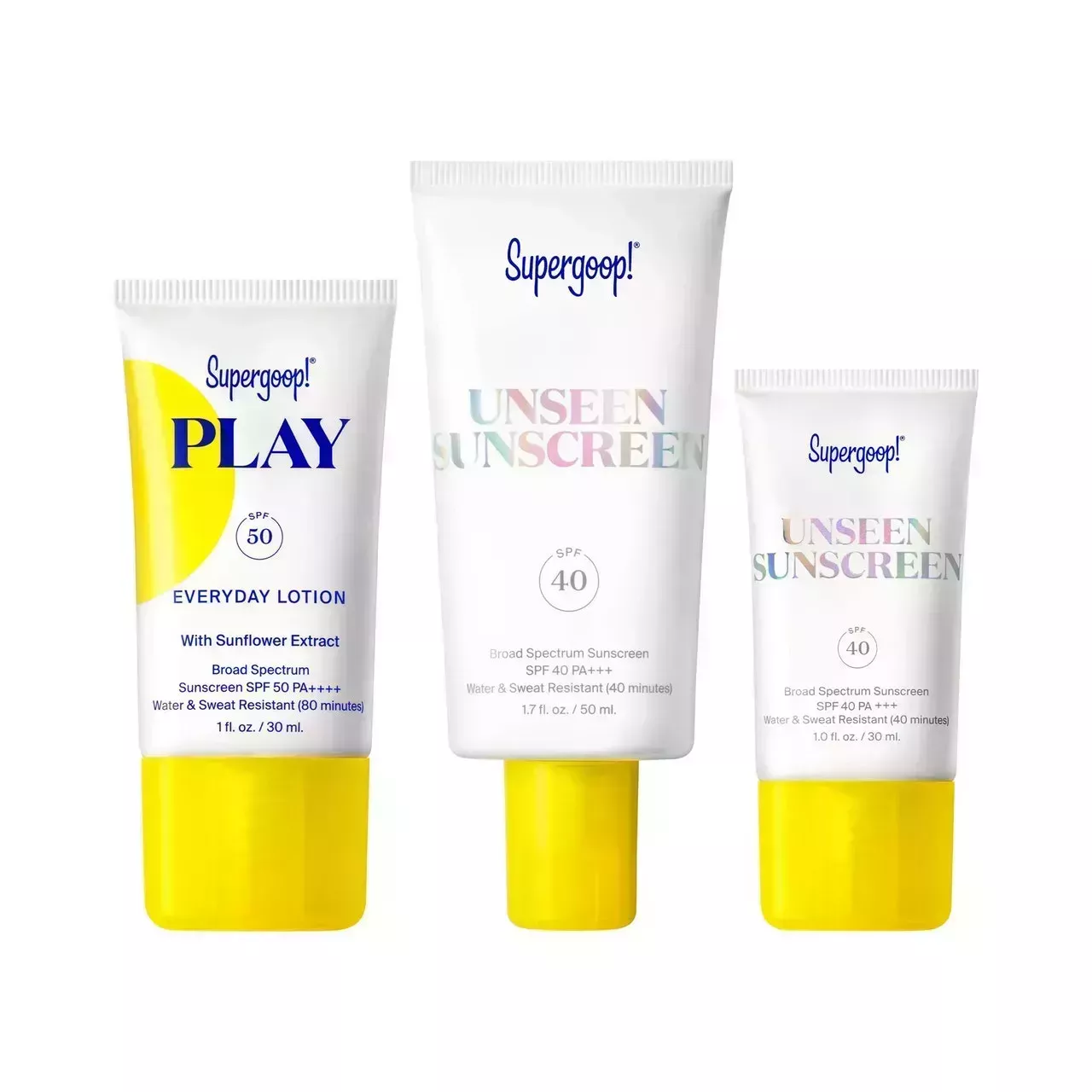 Supergoop Unseen SPF Set three white tubes with yellow caps on white background