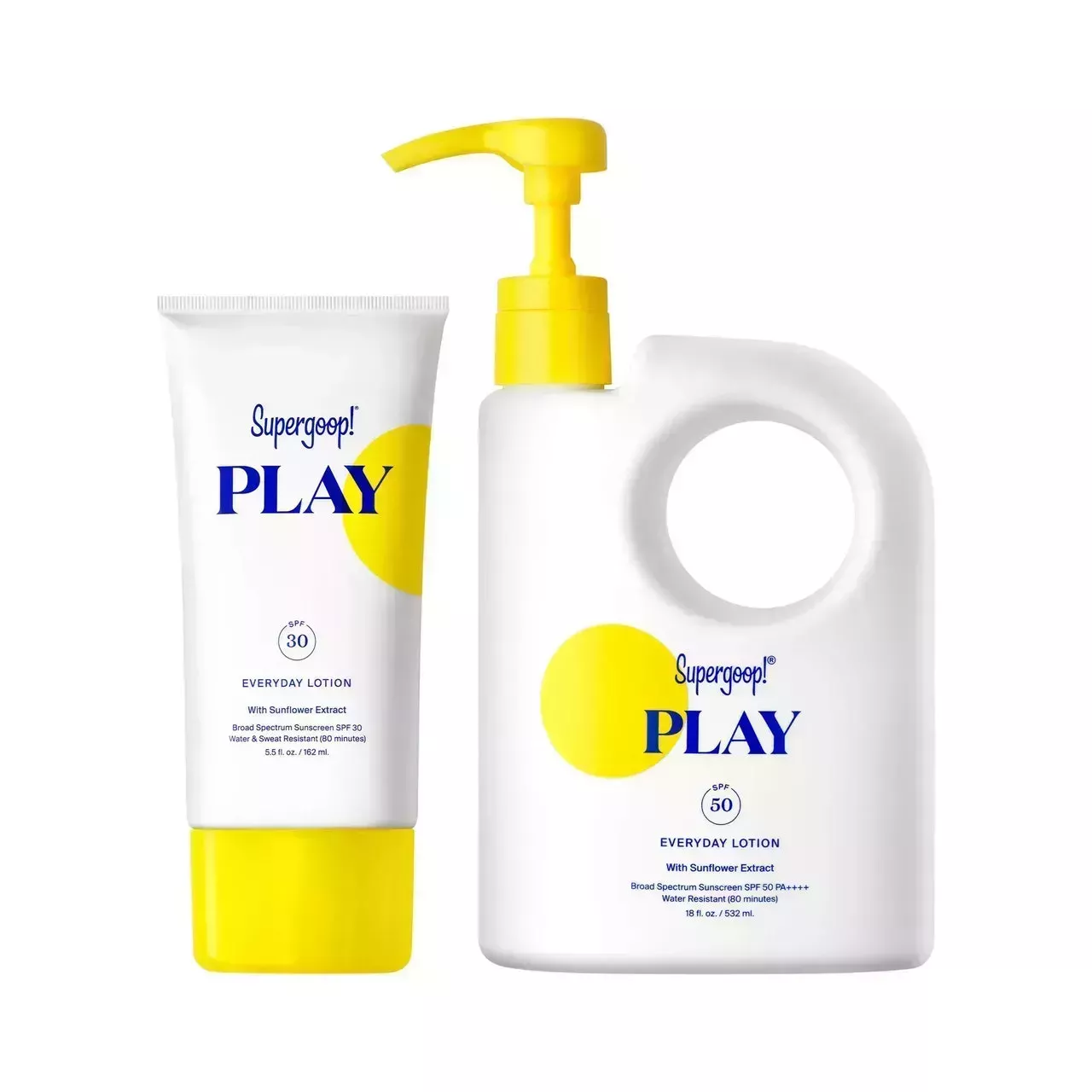 Supergoop Play Sunscreen Set white tube with yellow cap and white jug with yellow pump dispenser on white background