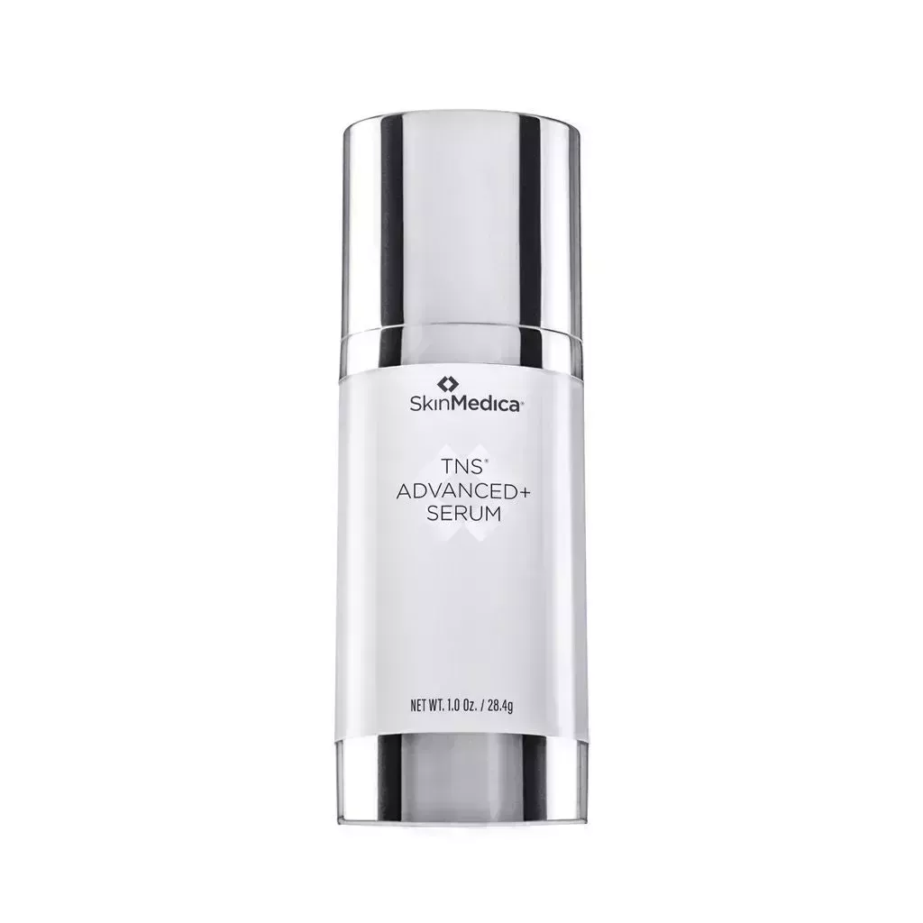 SkinMedica TNS Advanced+ Serum white bottle with silver chrome cap on white background