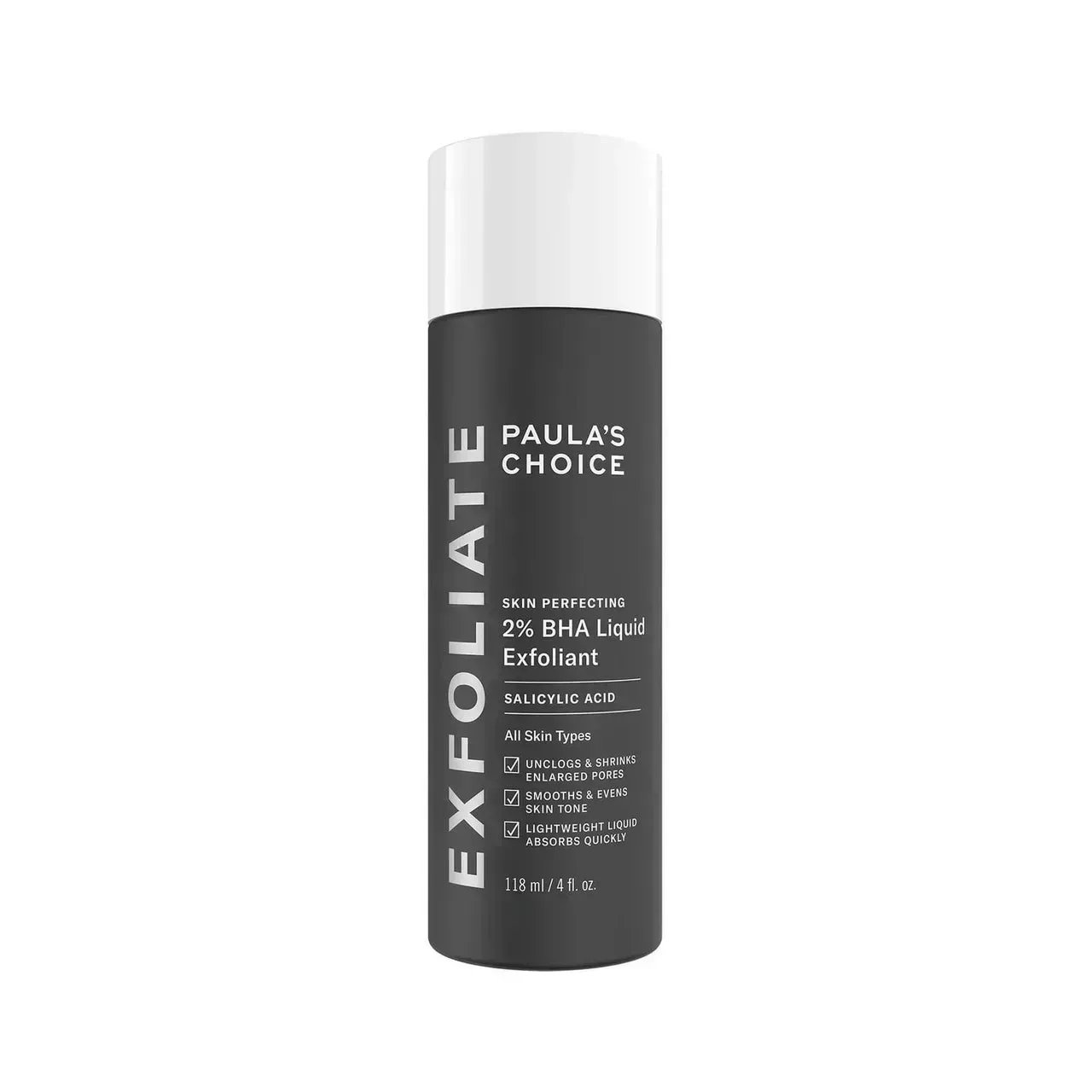 Paula's Choice 2% BHA Liquid Exfoliant dark gray bottle with white cap on white background