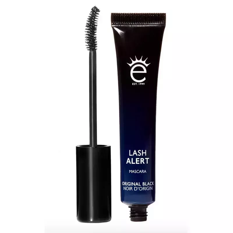 A navy to black gradient-patterned tube of the Eyeko Lash Alert Mascara on a white background
