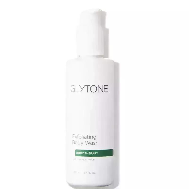 A white bottle of the Glytone Exfoliating Body Wash on a white background
