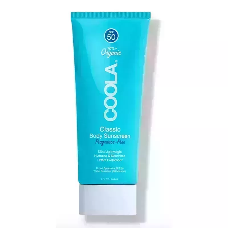 A blue tube of the Coola Classic Body Sunscreen Lotion SPF 50 on a white background