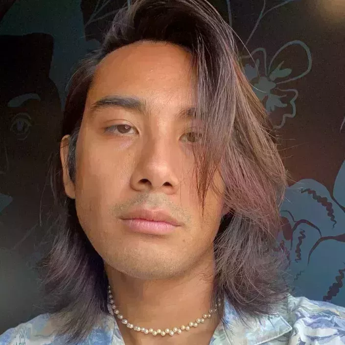 photo of a handsome man with long brown hair with highlights