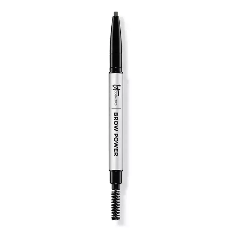 IT Cosmetics Brow Power Universal Eyebrow Pencil: A silver eyebrow pencil with black dual-ended makeup tip and eyebrow spoolie on a white background.