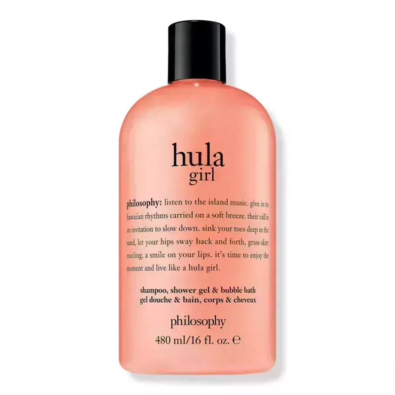A bottle of the peach-pink-colored Philosophy Hula Girl Shampoo, Shower Gel & Bubble Bath on a white background