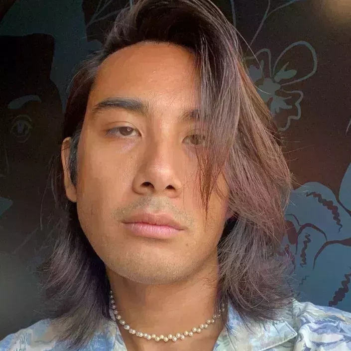 photo of a handsome man with long brown hair with highlights